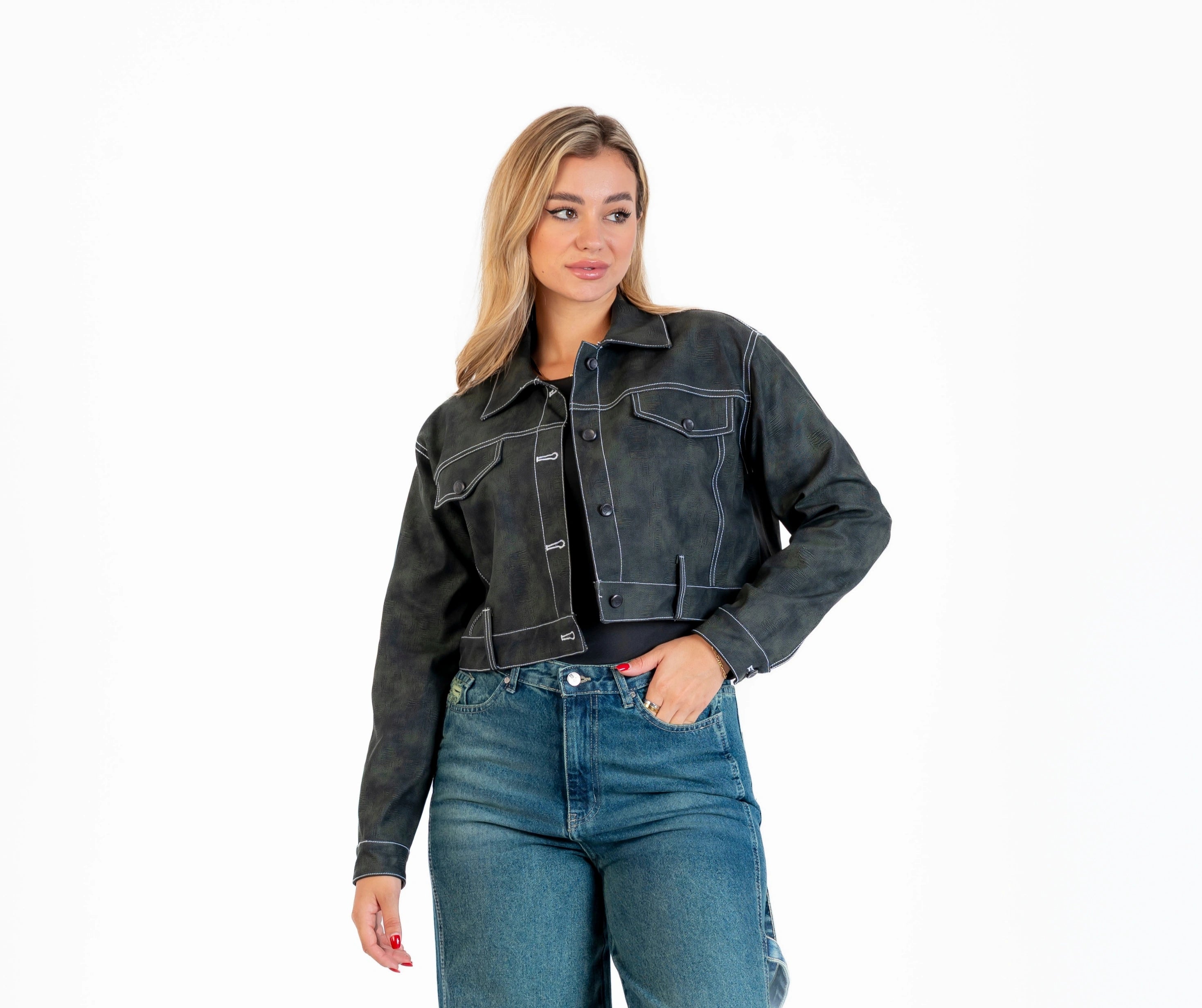 Leather jacket with a front button closure