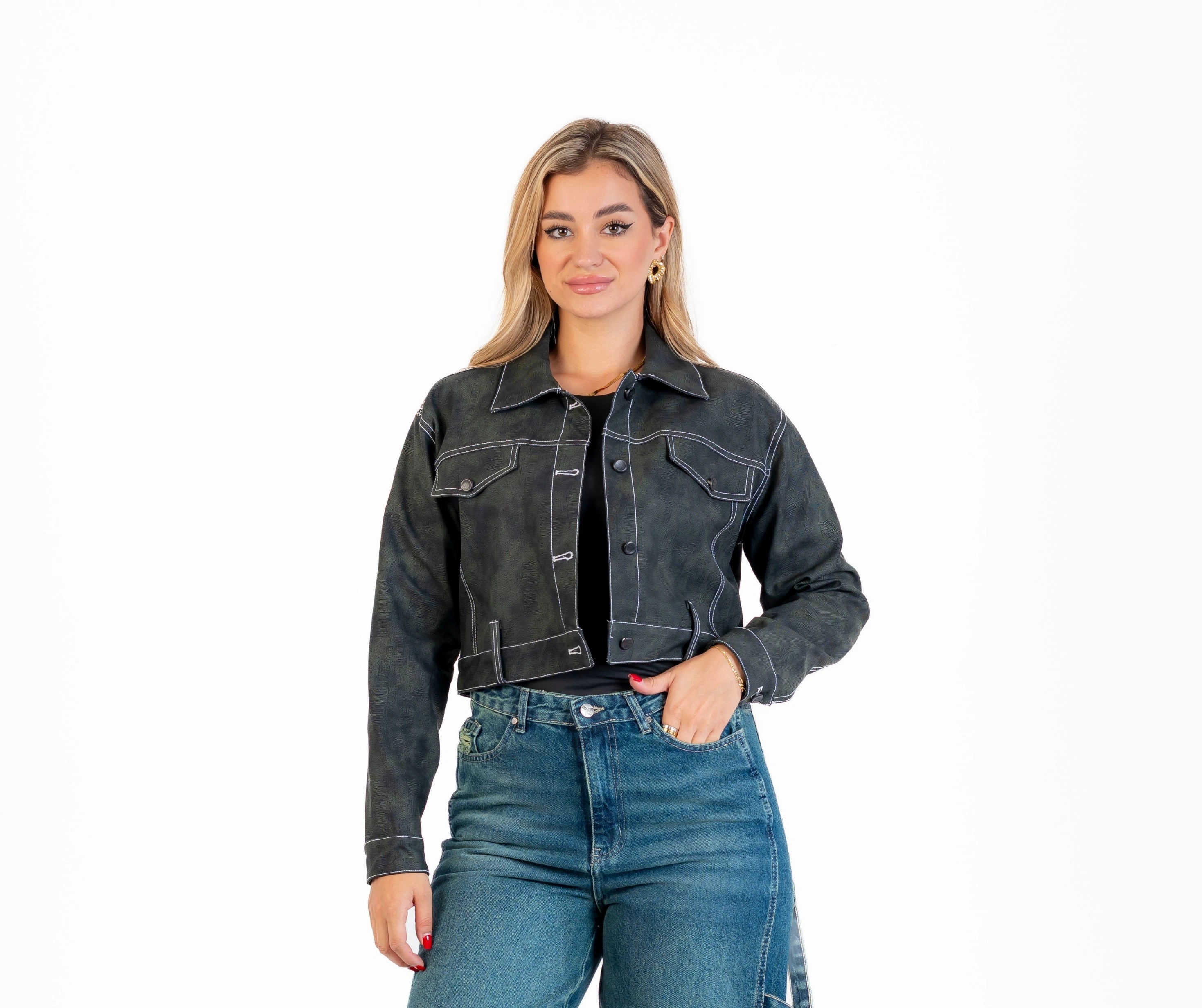 Leather jacket with a front button closure