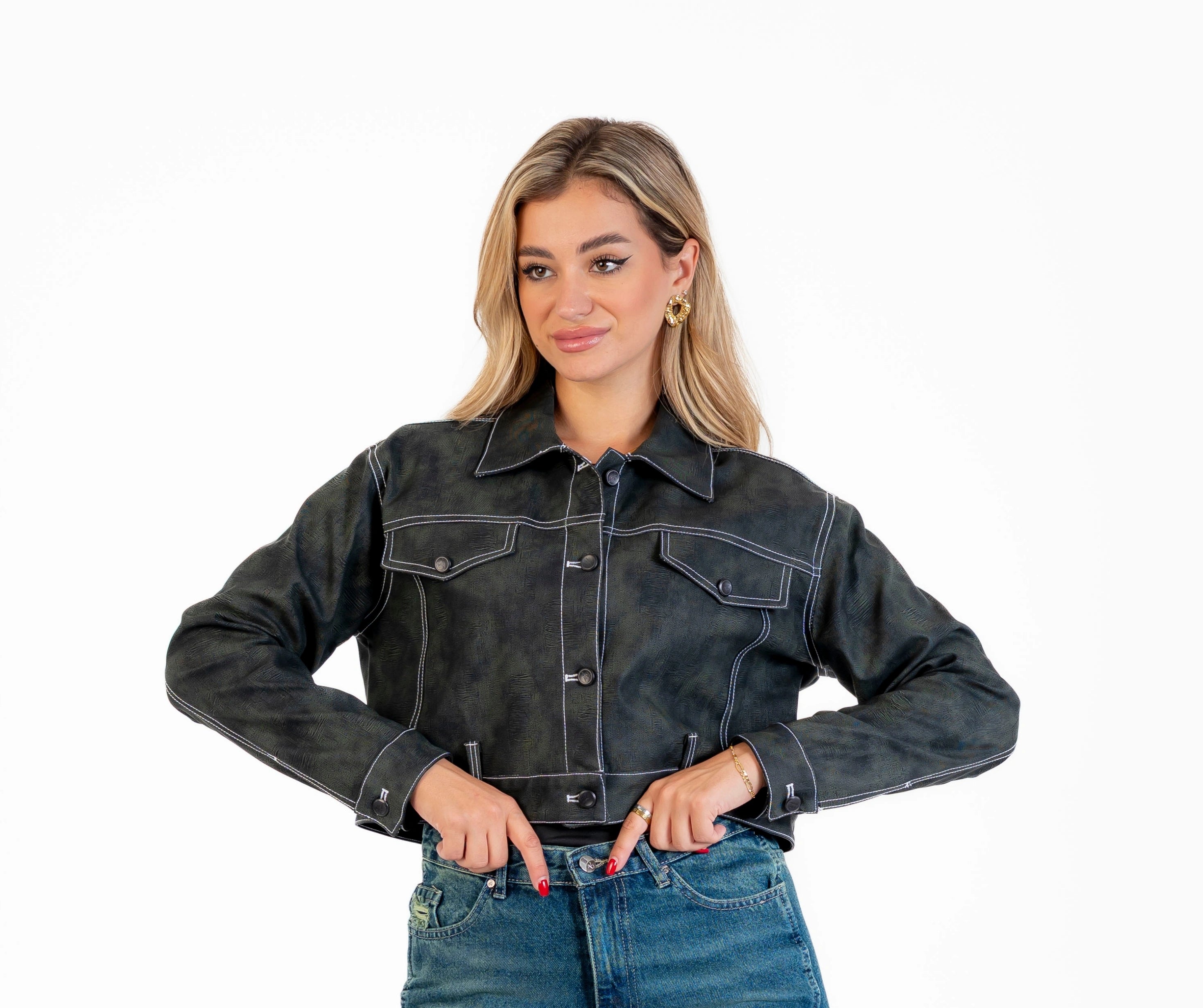 Leather jacket with a front button closure