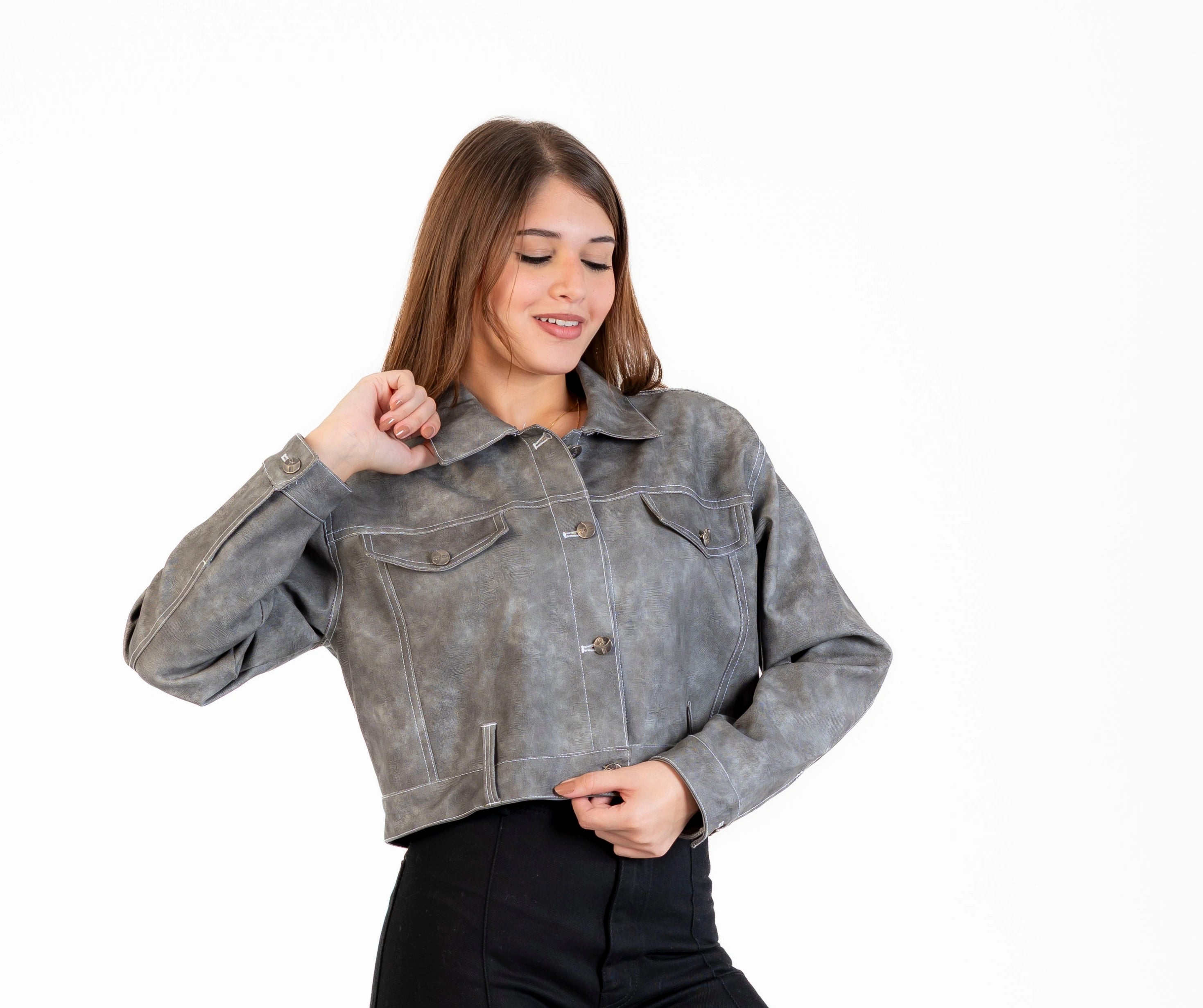 Leather jacket with a front button closure