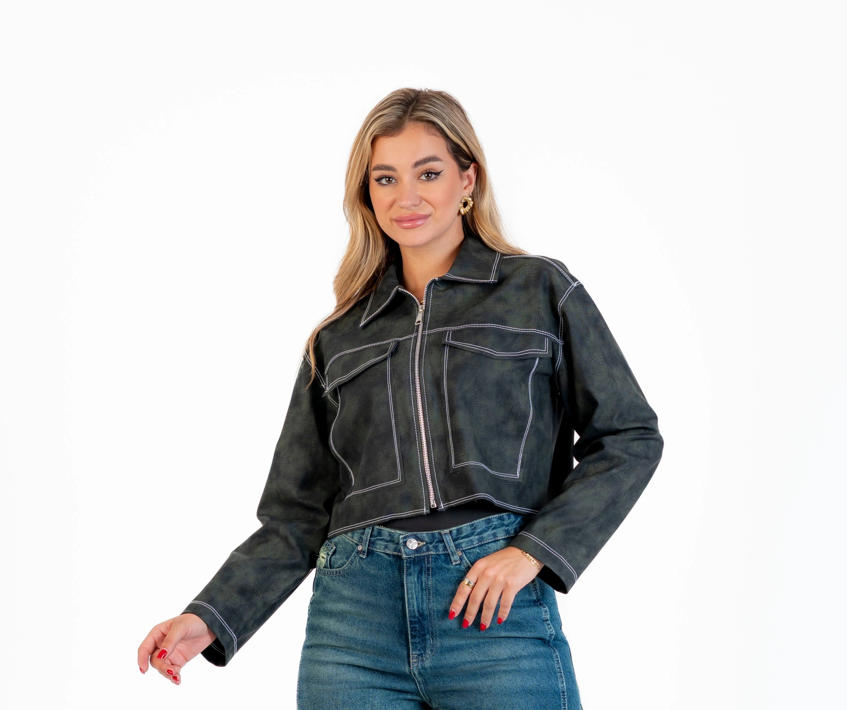 Long, textured leather jacket with zipper