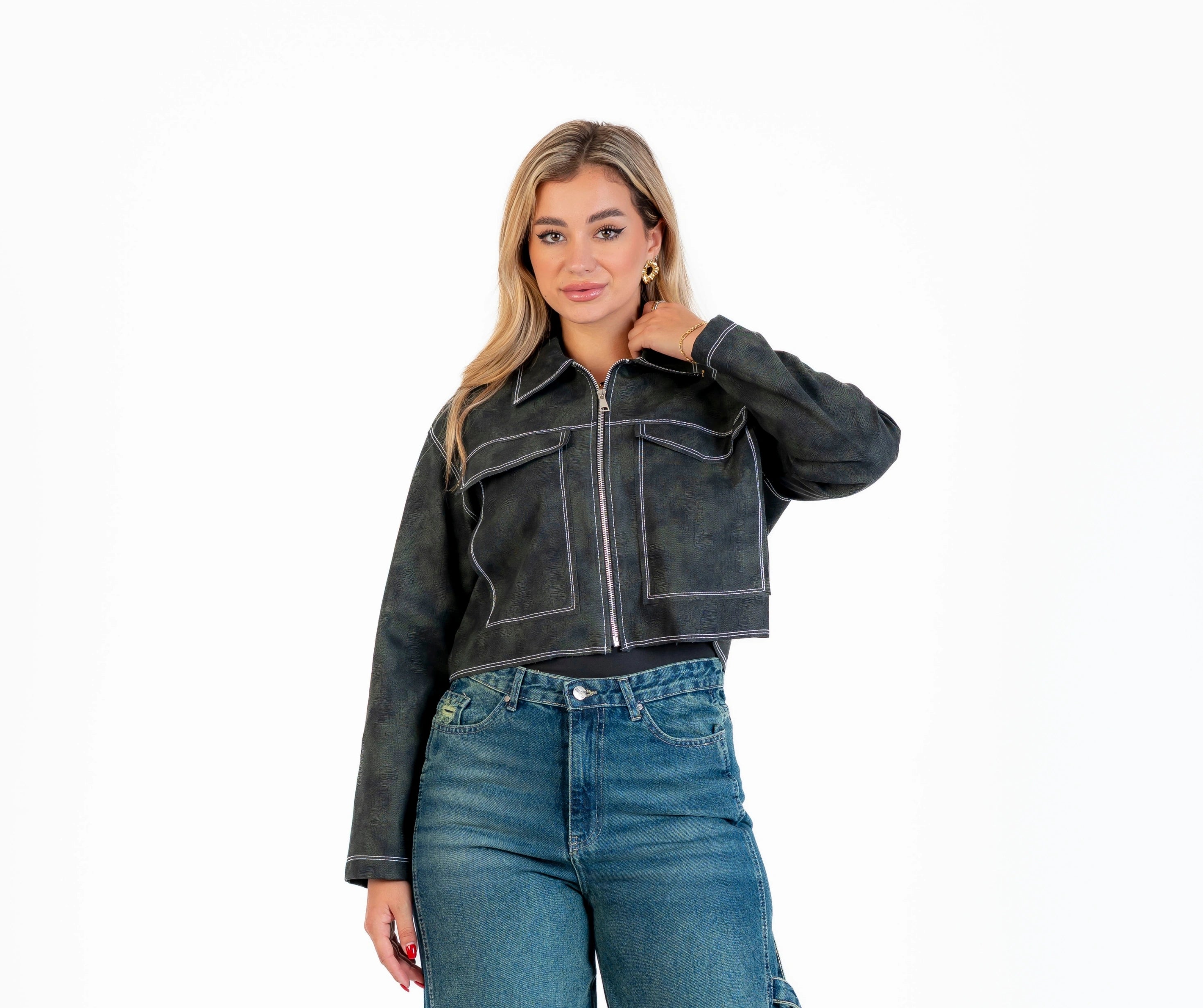 Long, textured leather jacket with zipper