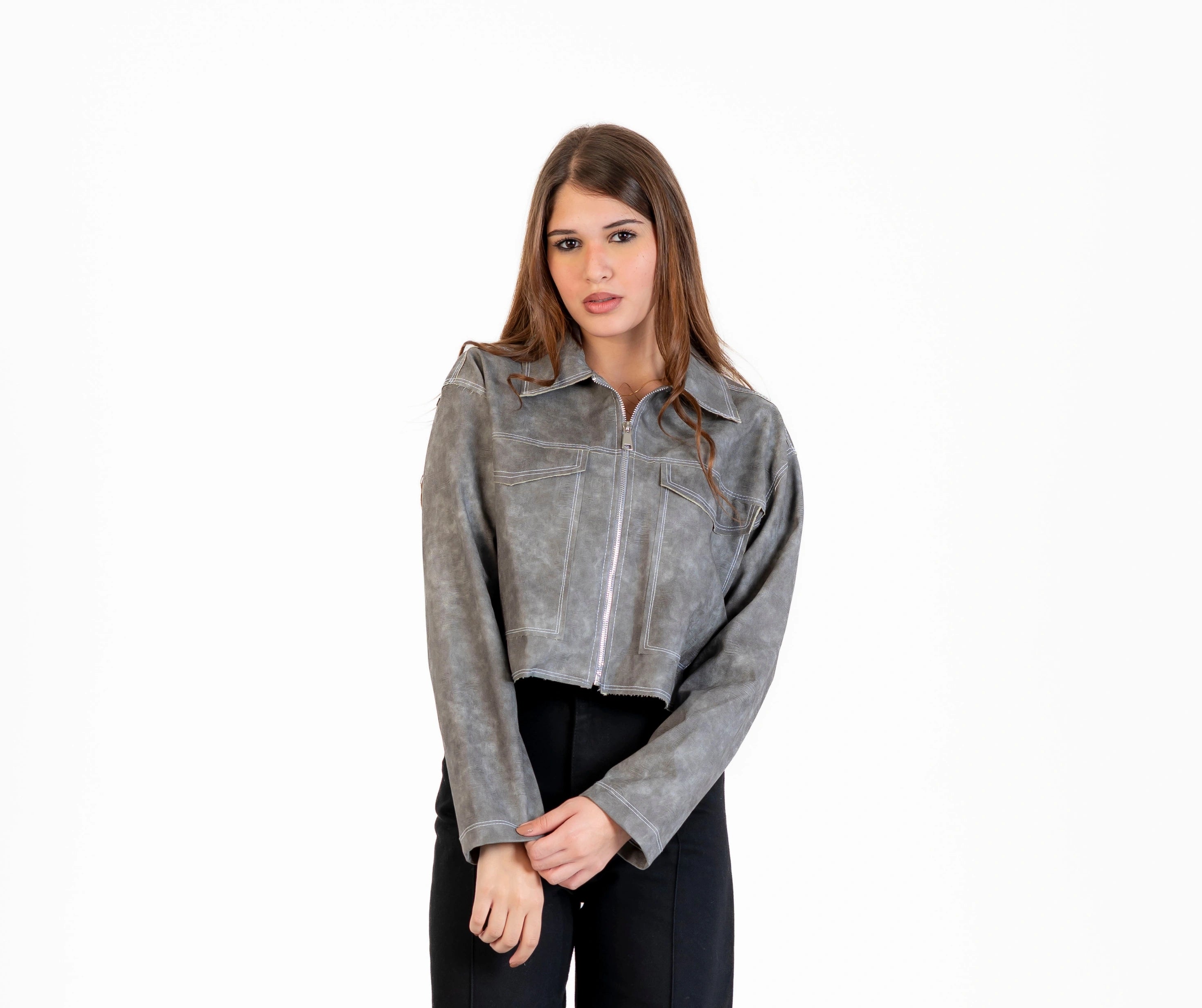 Long, textured leather jacket with zipper