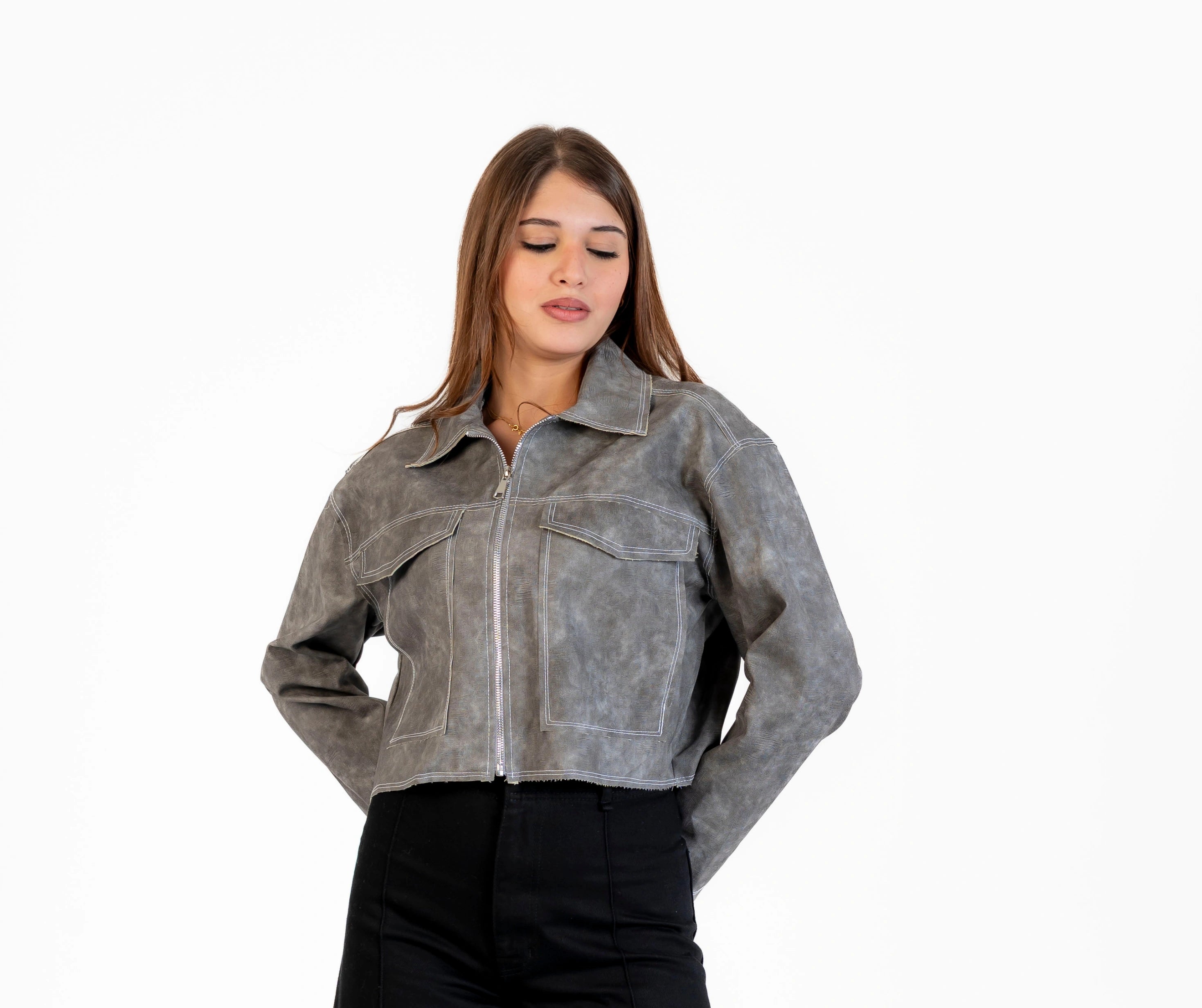 Long, textured leather jacket with zipper