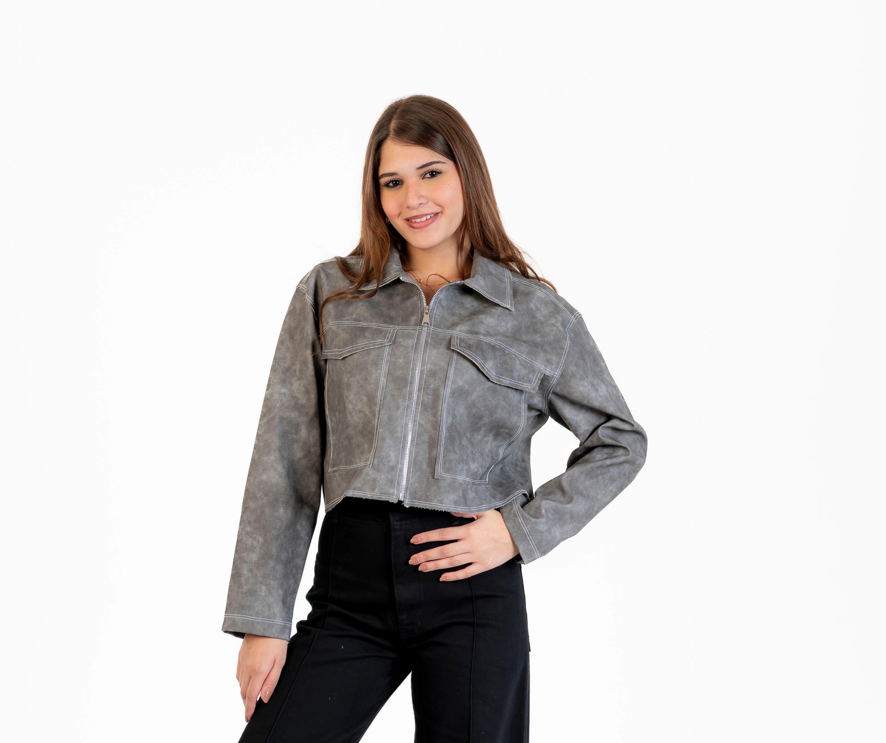 Long, textured leather jacket with zipper