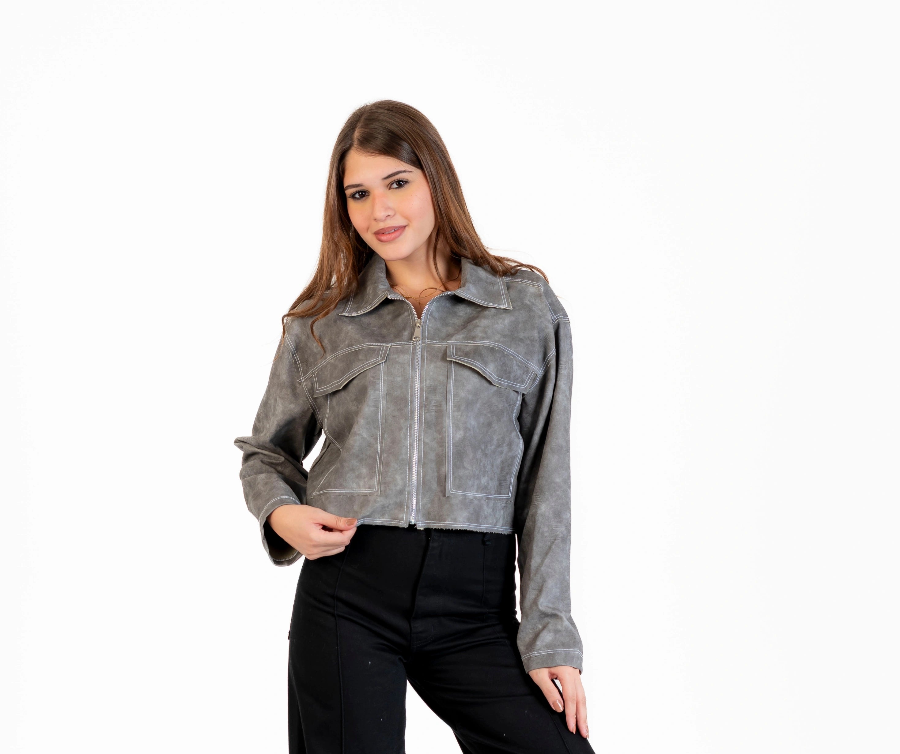Long, textured leather jacket with zipper