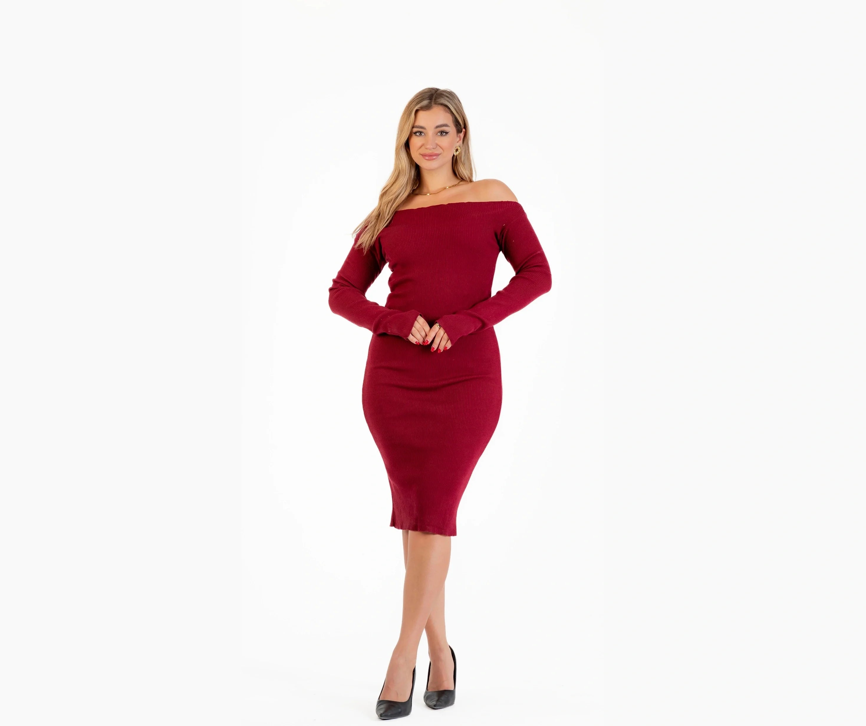 فستان تريكو شتوي كم اوف شولدر