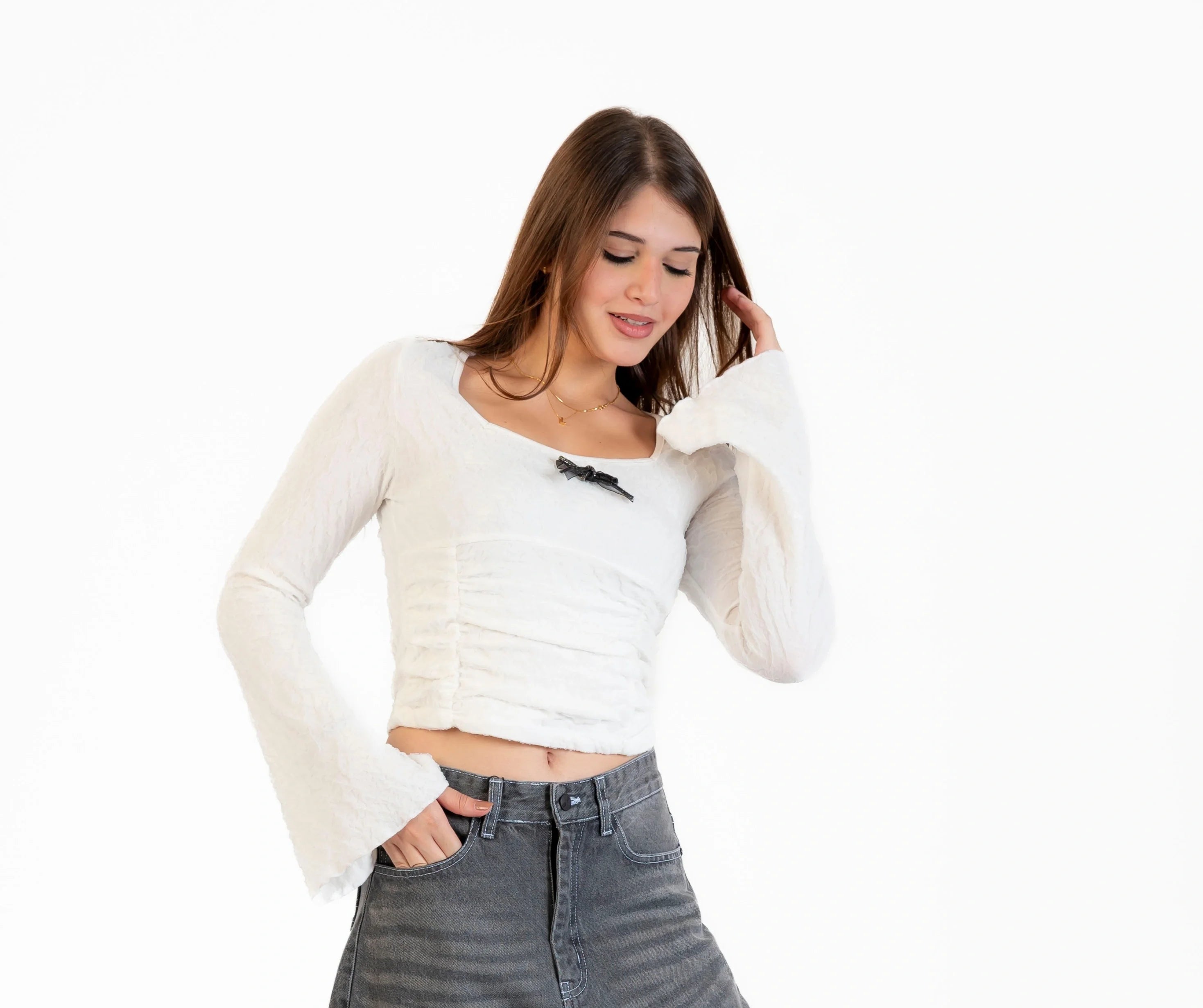 بلوزة للنساء منقوش كم طويل رقبة واسعة , مناسبة للشتاء