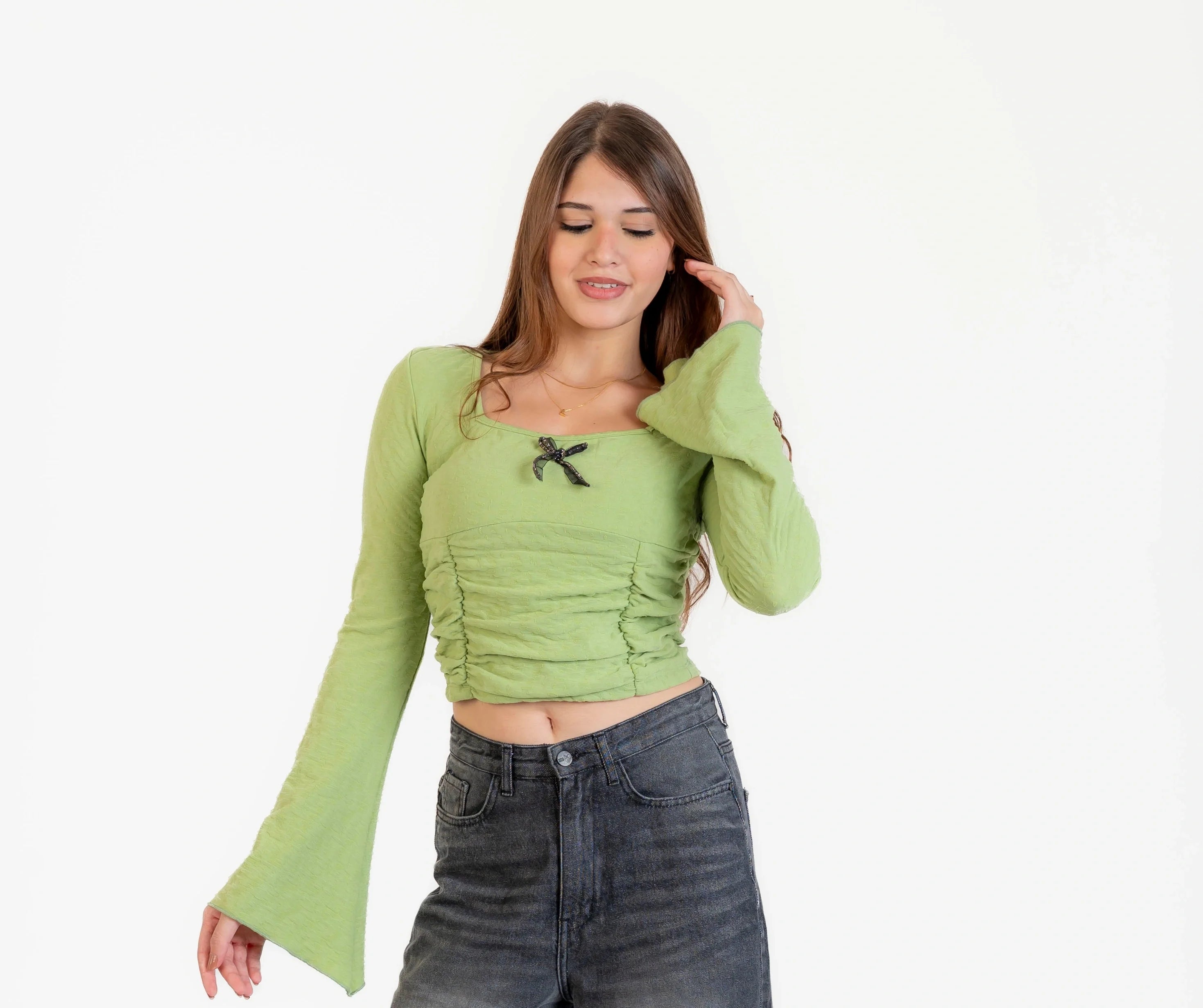 بلوزة للنساء منقوش كم طويل رقبة واسعة , مناسبة للشتاء