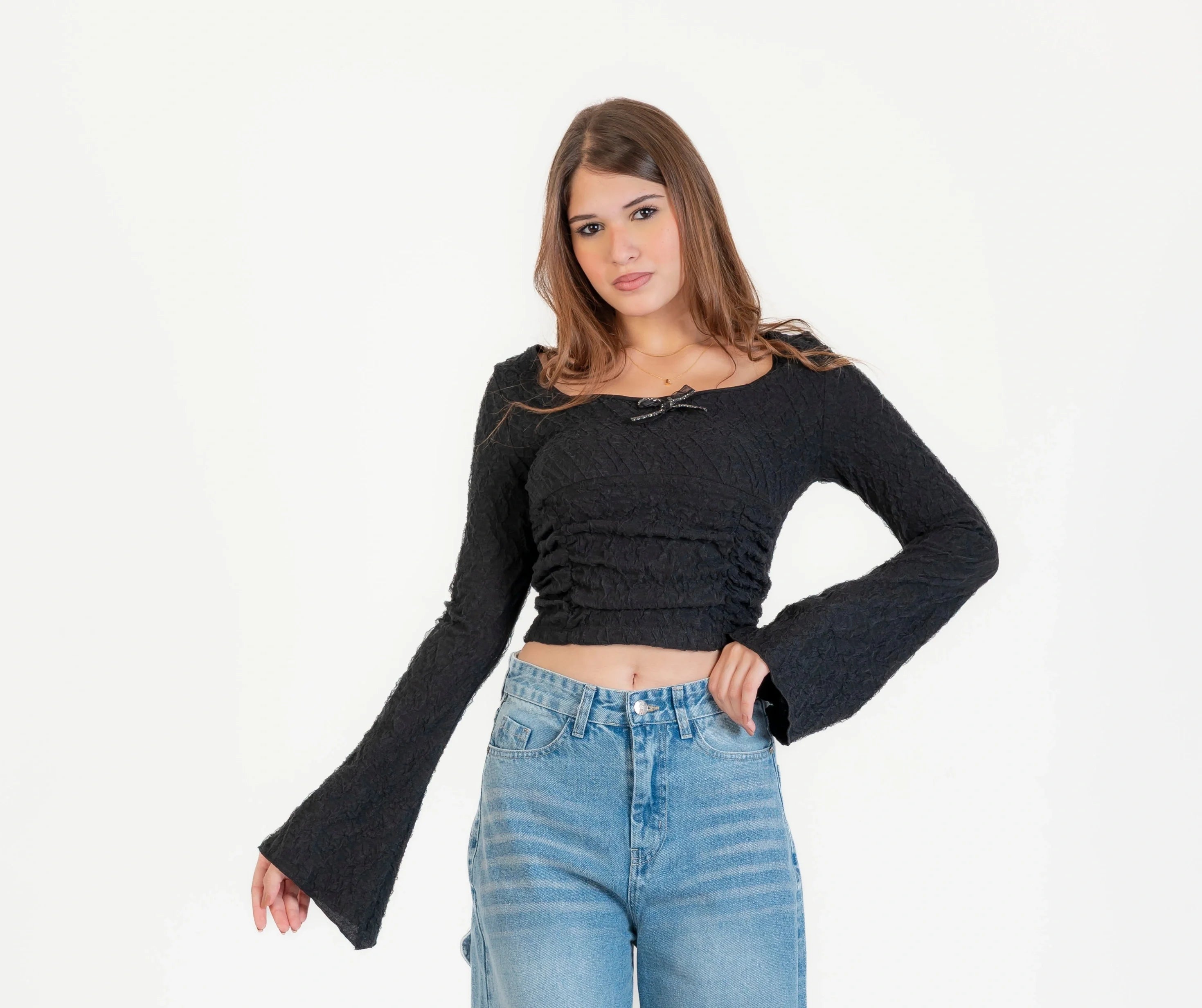 بلوزة للنساء منقوش كم طويل رقبة واسعة , مناسبة للشتاء