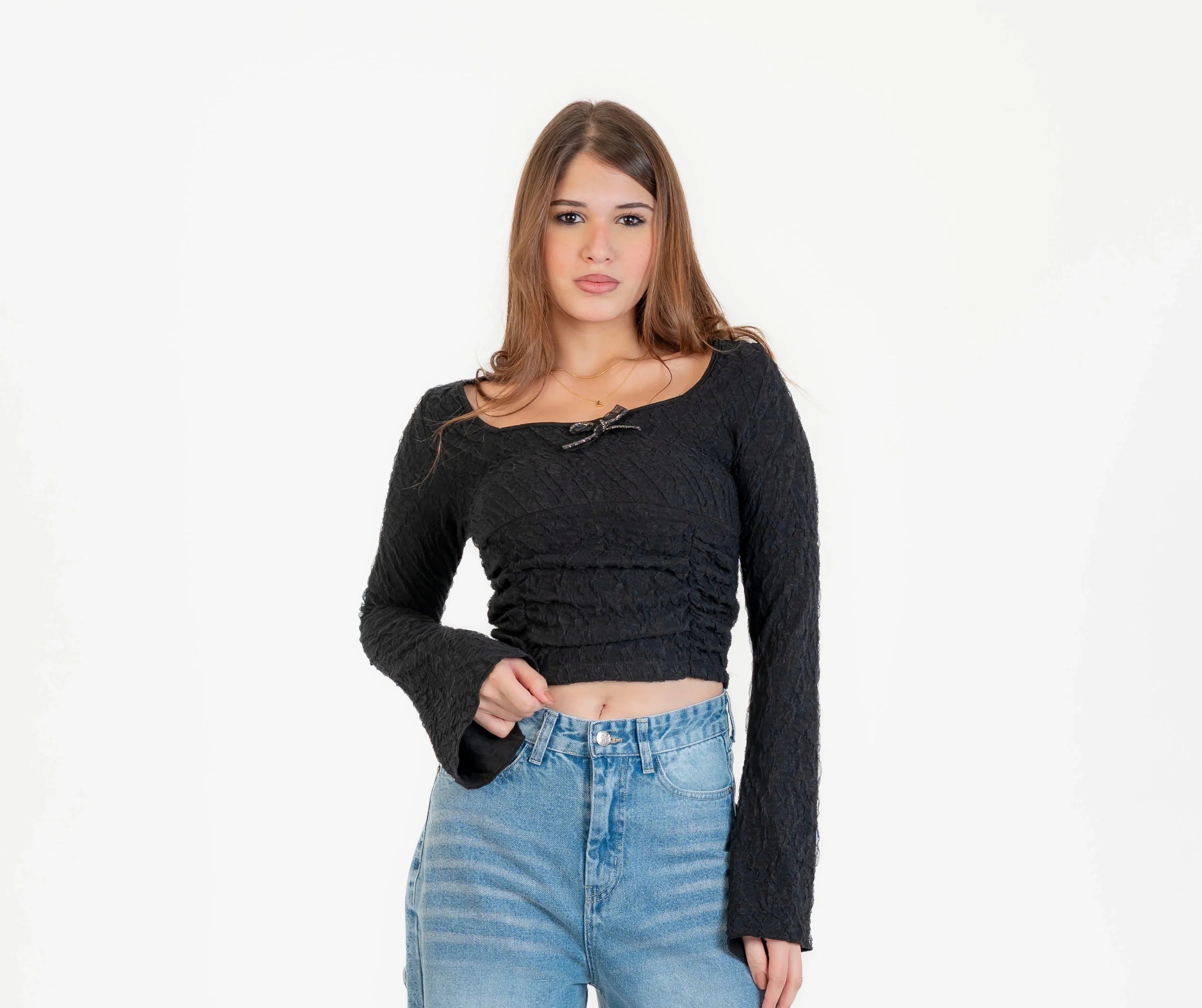 بلوزة للنساء منقوش كم طويل رقبة واسعة , مناسبة للشتاء