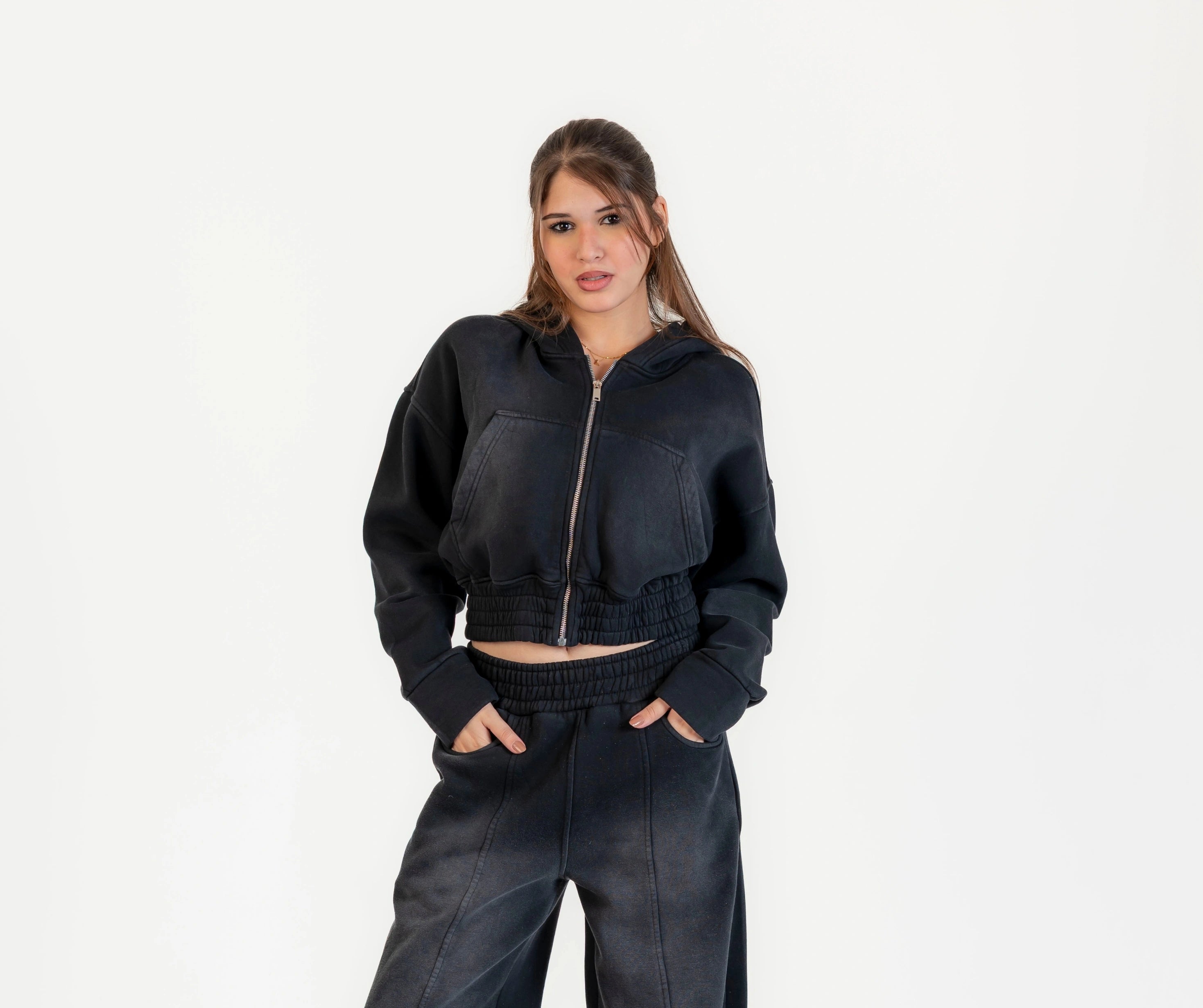 Milton winter set: Stomach zip-up sweatshirt and wide leg pants