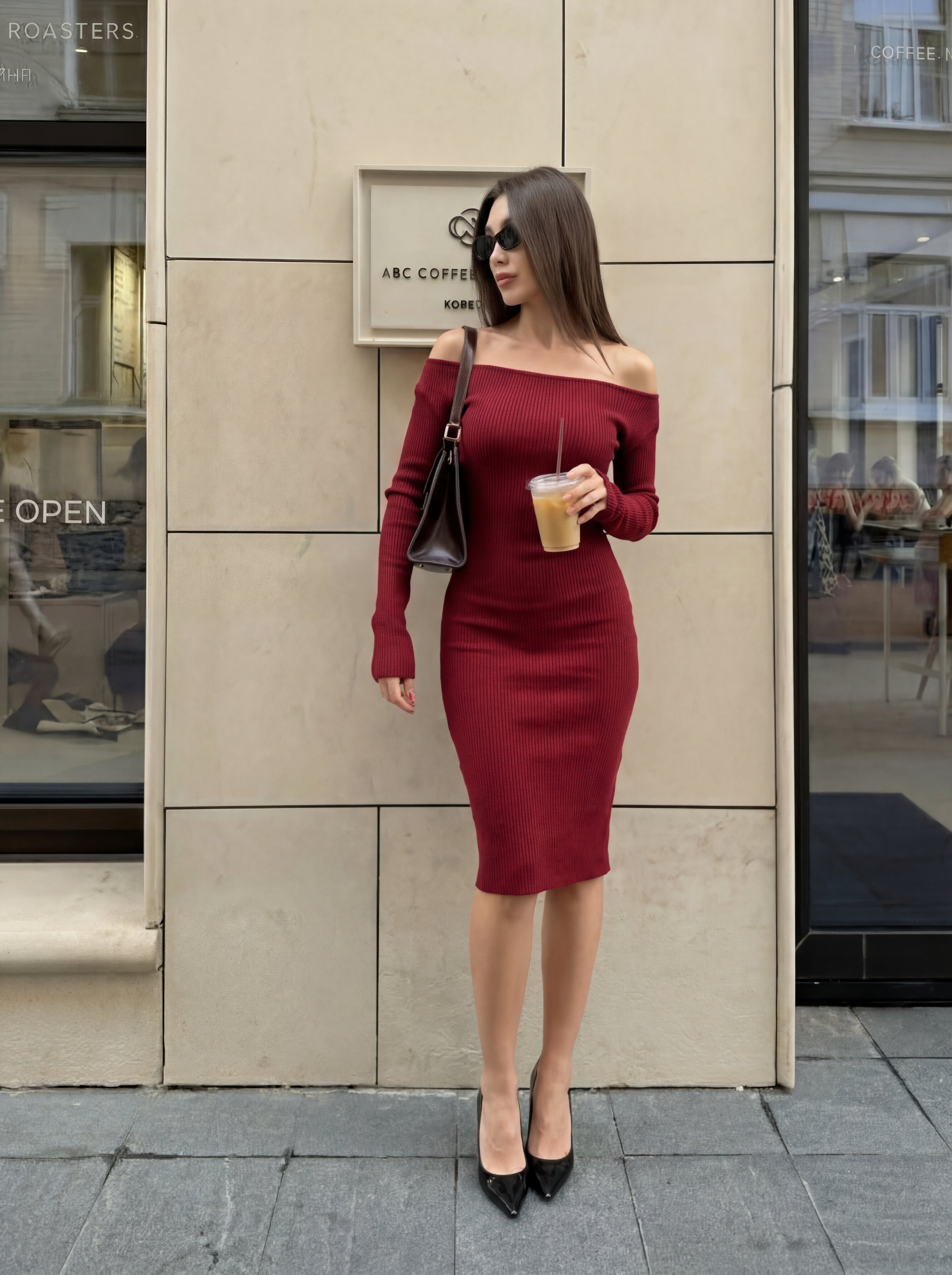 Winter off-shoulder knit dress