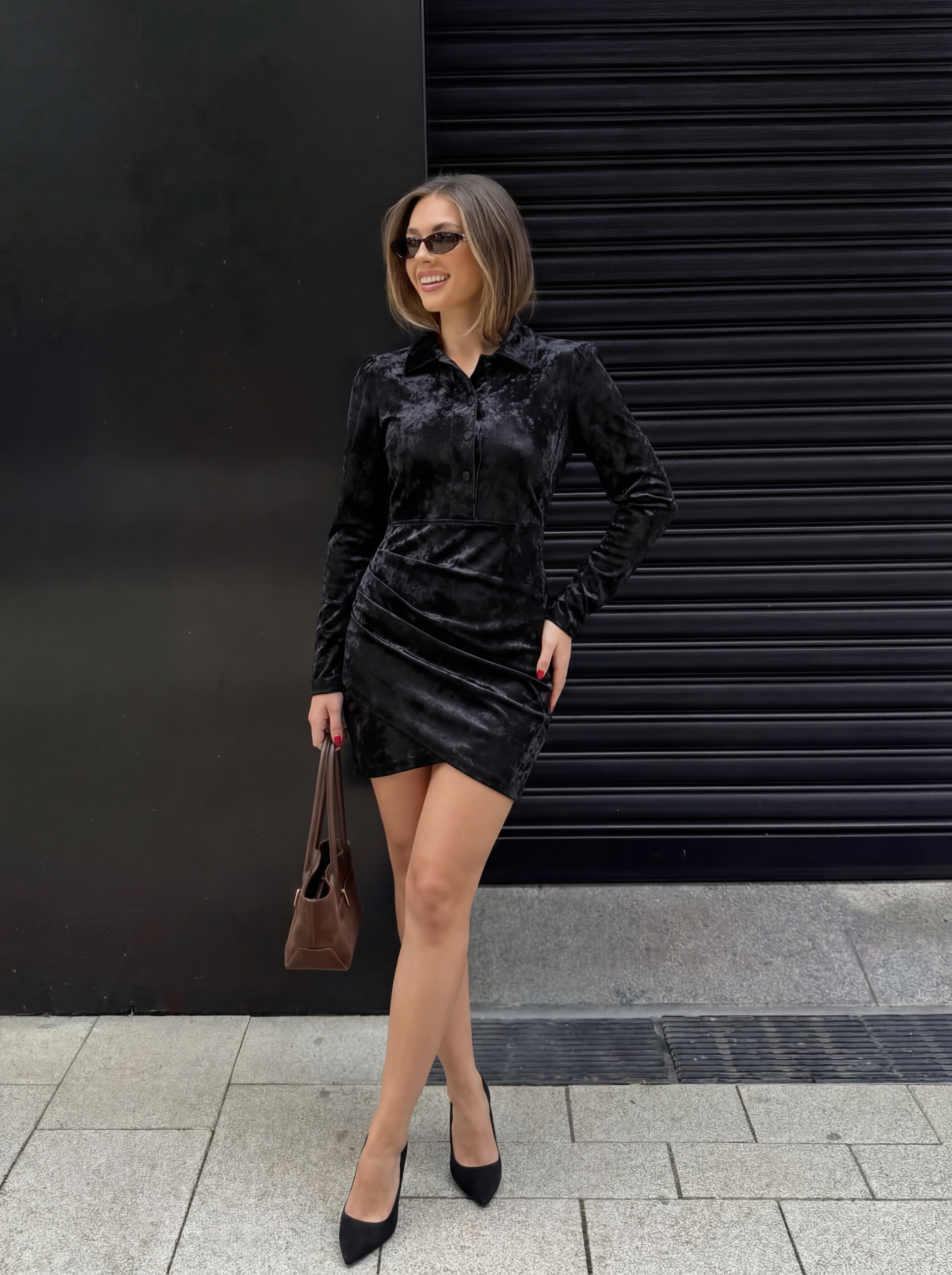 Women's leather dress, long sleeve, suitable for winter