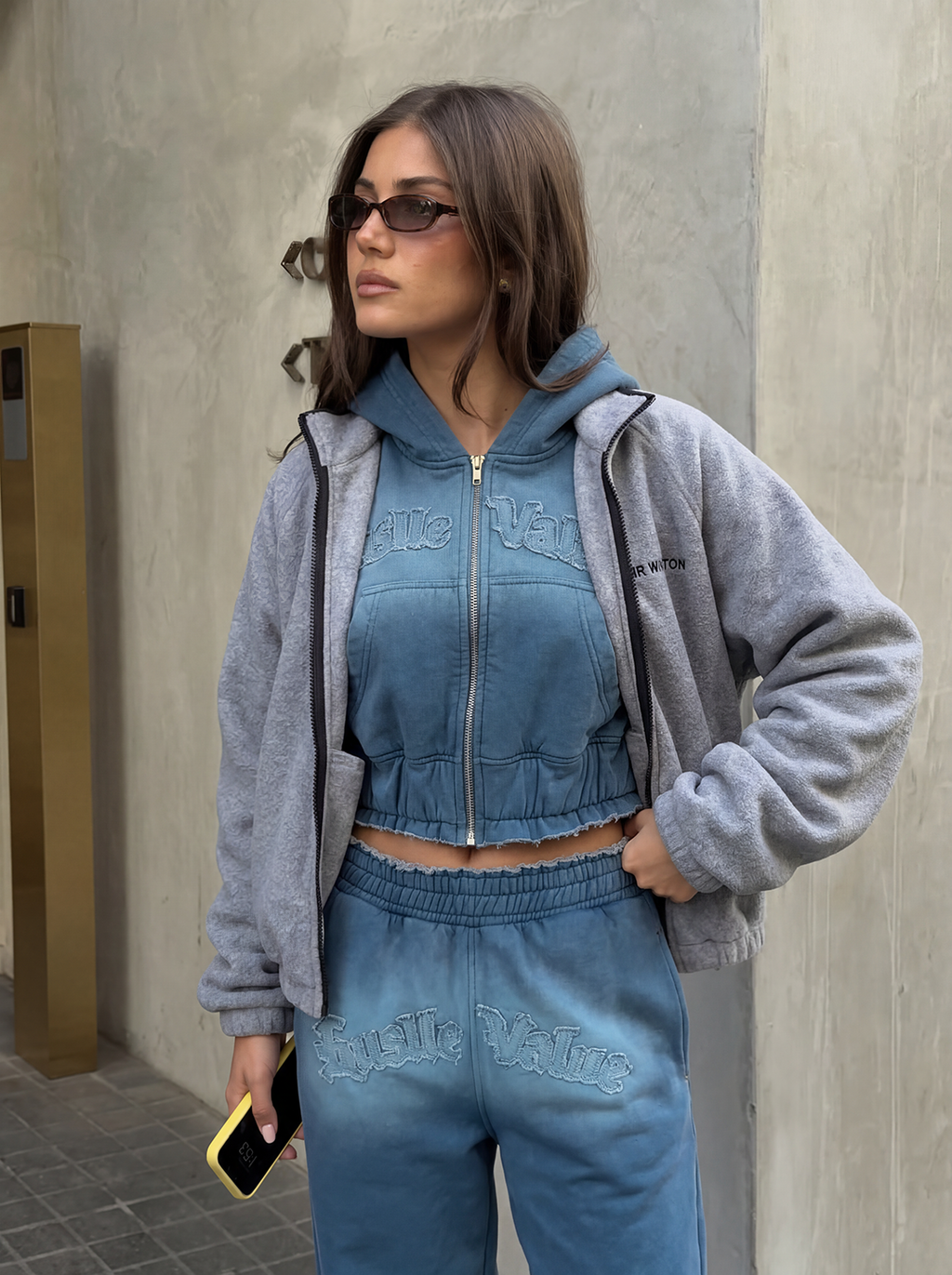 Melton embroidered sweatshirt set - wide leg pants