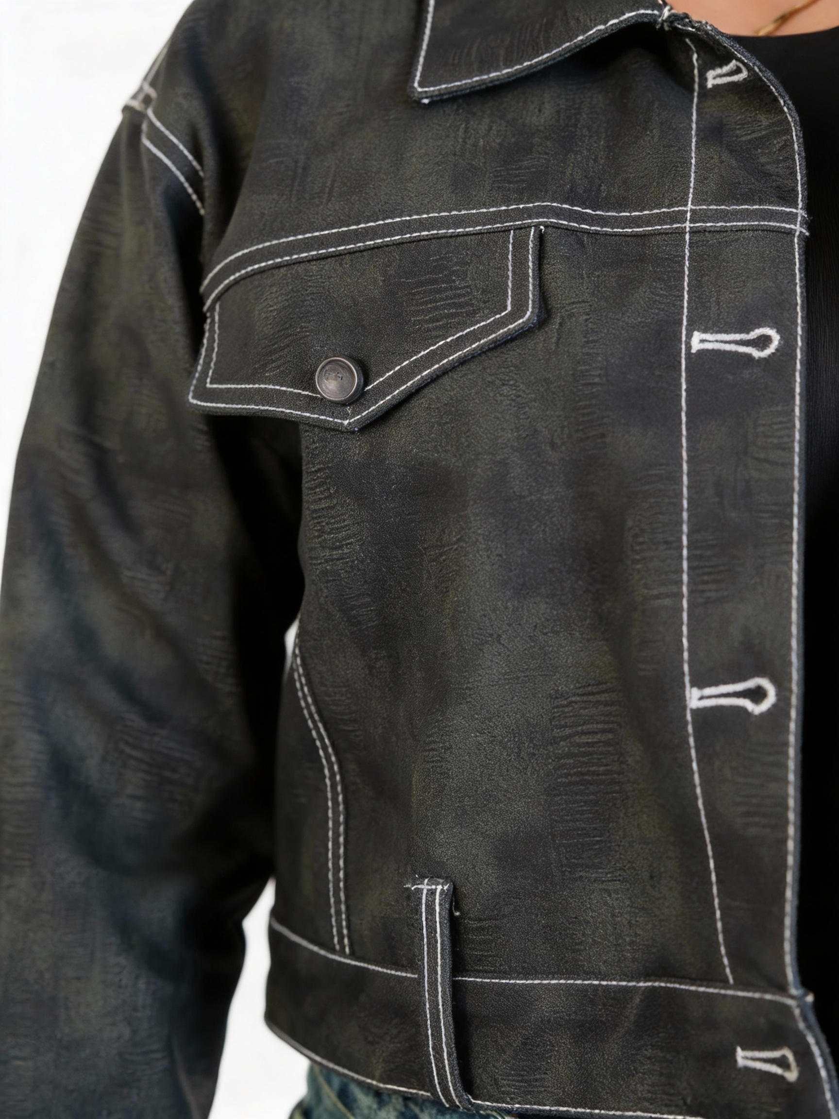 Leather jacket with a front button closure