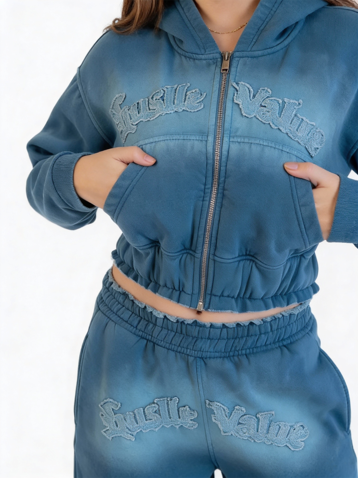 Melton embroidered sweatshirt set - wide leg pants