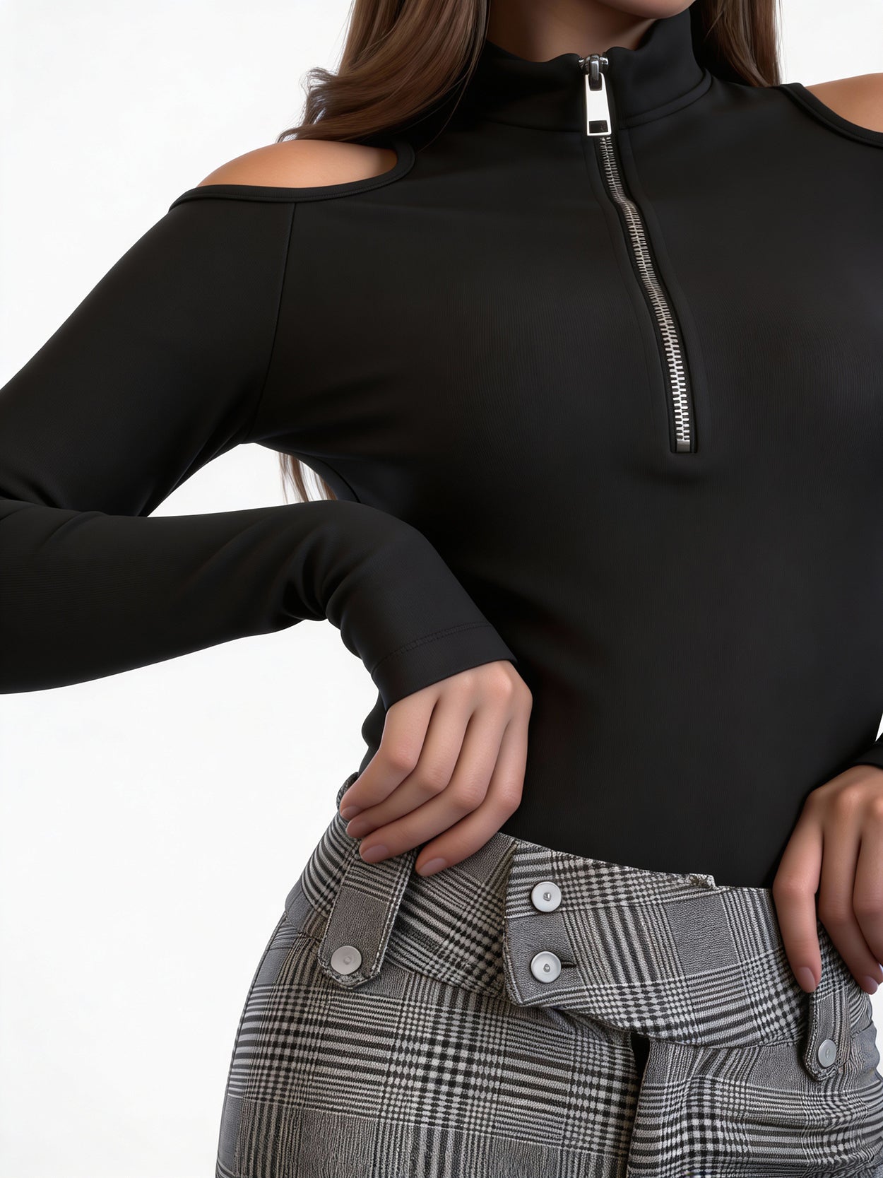 Top Off Shoulder Neck Zipper