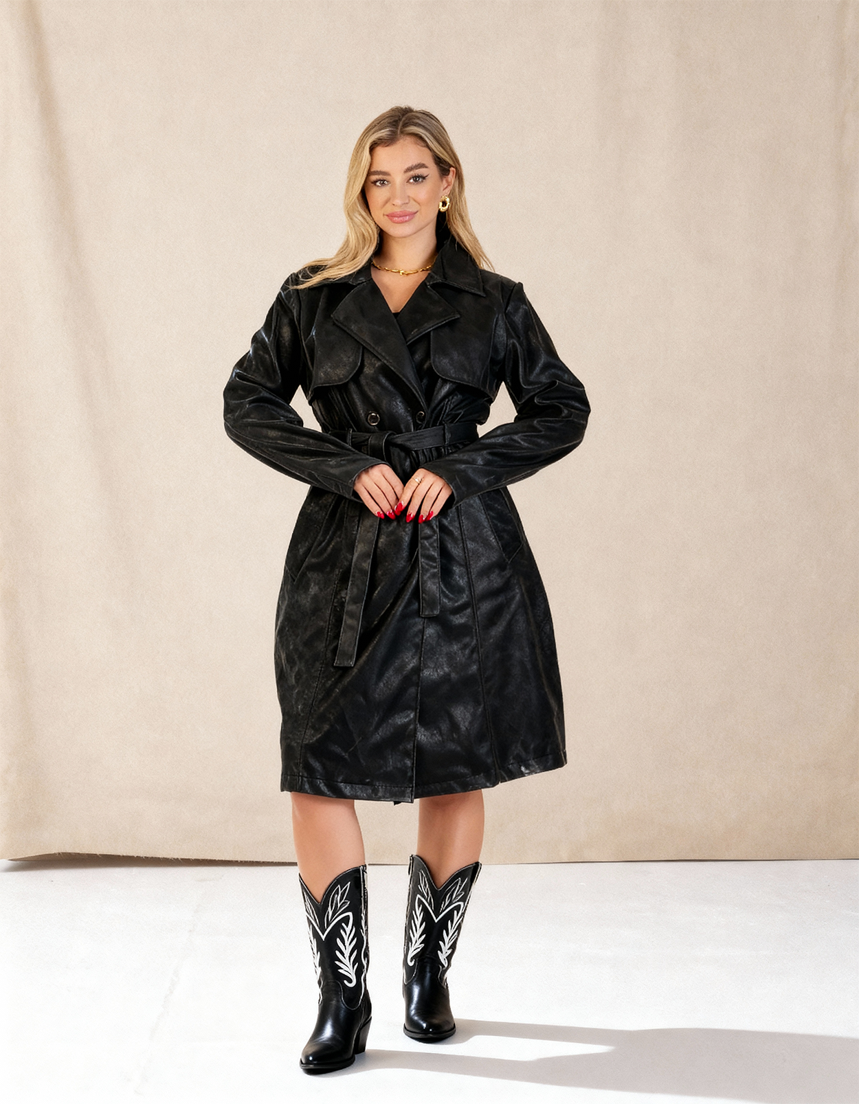 Leather coat with leather belt